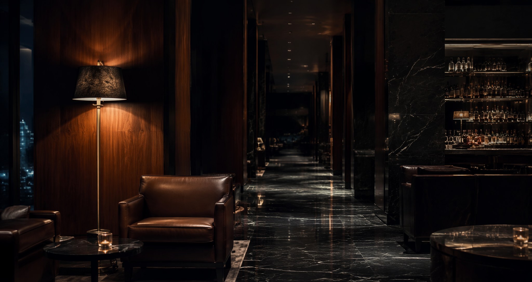 Lounge oscuro de mármol negro y latón con luces cálidas